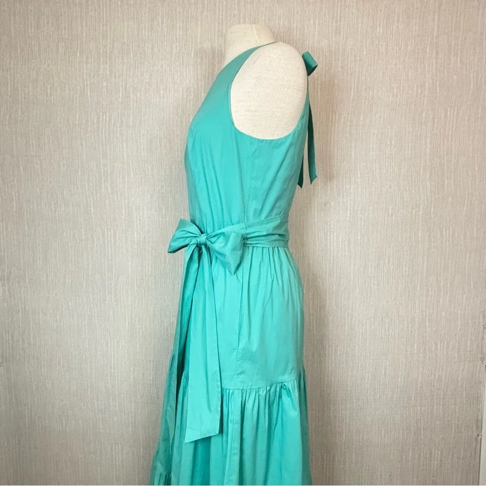 TAHARI Turquoise Tiered Pleated Stretch Cotton Poplin Tie Back Belt Maxi Dress - Picture 4 of 11